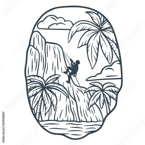 Monochrome illustration depicting a climber descending a steep cliff in a tropical paradise, surrounded by palm trees and a tranquil ocean view