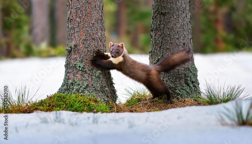 Agile Forest Daredevil Adorably Wild Stone Marten Leaps Gracefully Among Spruce Trunks, Showcasing the Mystique of a Frosty Winter Forest photo