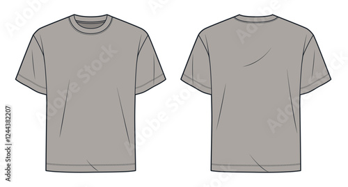 Basic T-Shirt fashion flat tehnical drawing template. Unisex T-Shirt technical fashion illustration, relaxed fit, front and back view, mocha brown, women, men, unisex CAD mockup.
