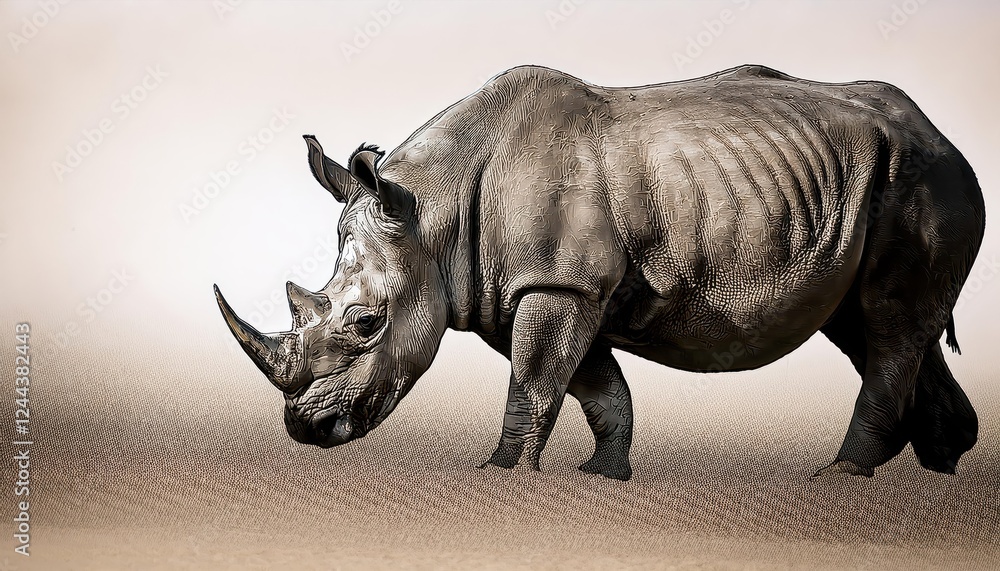 Fototapeta premium Vibrant and Detailed AIGenerated Rhino Illustration, Showcasing a Unique Perspective of the Majestic Creature in Stylized Artistic Form, Set Against a Backdrop of Bold Colors and Textures.