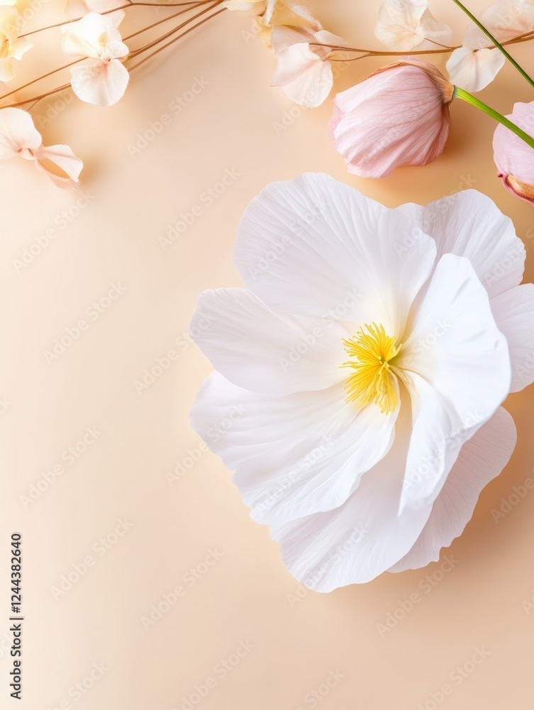 Obraz premium Elegant white flower with delicate petals and soft pink blossoms on pastel beige background, creating a serene and romantic atmosphere, symbolizing purity, beauty, and nature concept