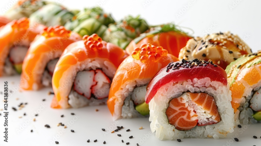 Side view of a vibrant sushi arranged in rows, showcasing an array of colorful rolls Side view of a vibrant sushi arranged in rows, showcasing an array of colorful rolls