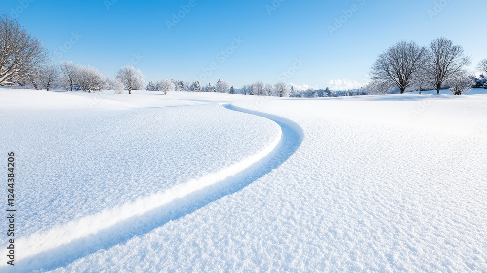 Obraz premium Snow track winding through snowy field, winter landscape, serene background, postcard image