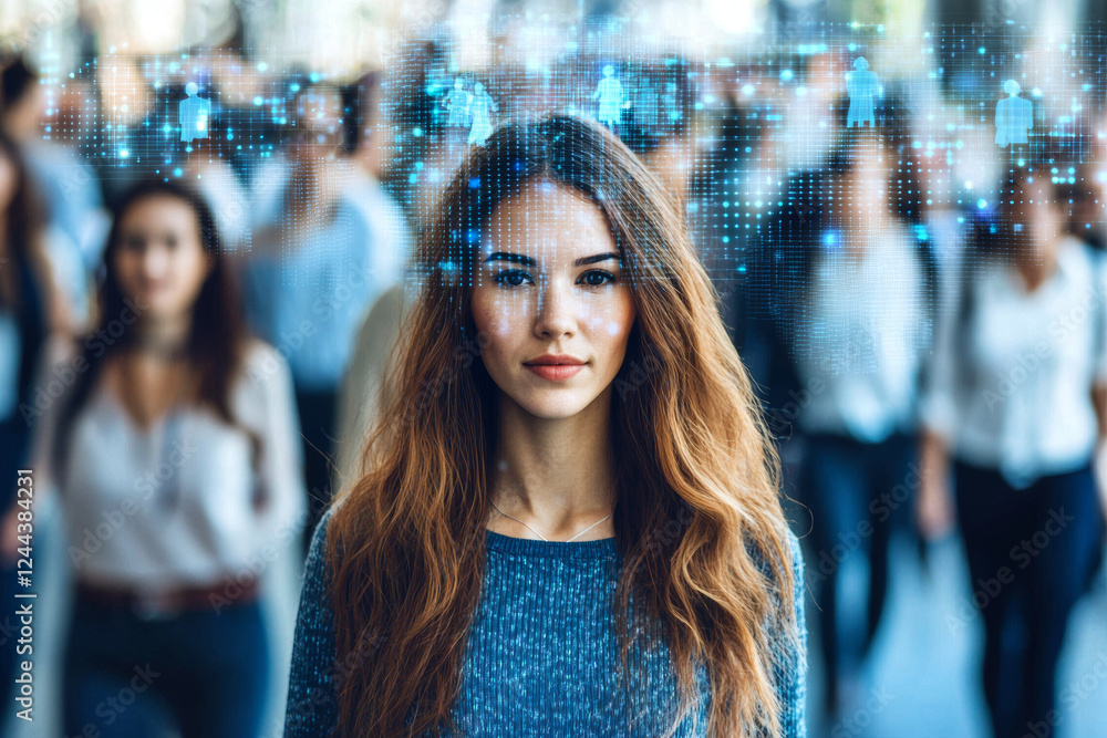 Fototapeta premium Empowered woman walking through busy crowd, digital overlay of people icons. She exudes confidence and determination in modern urban setting