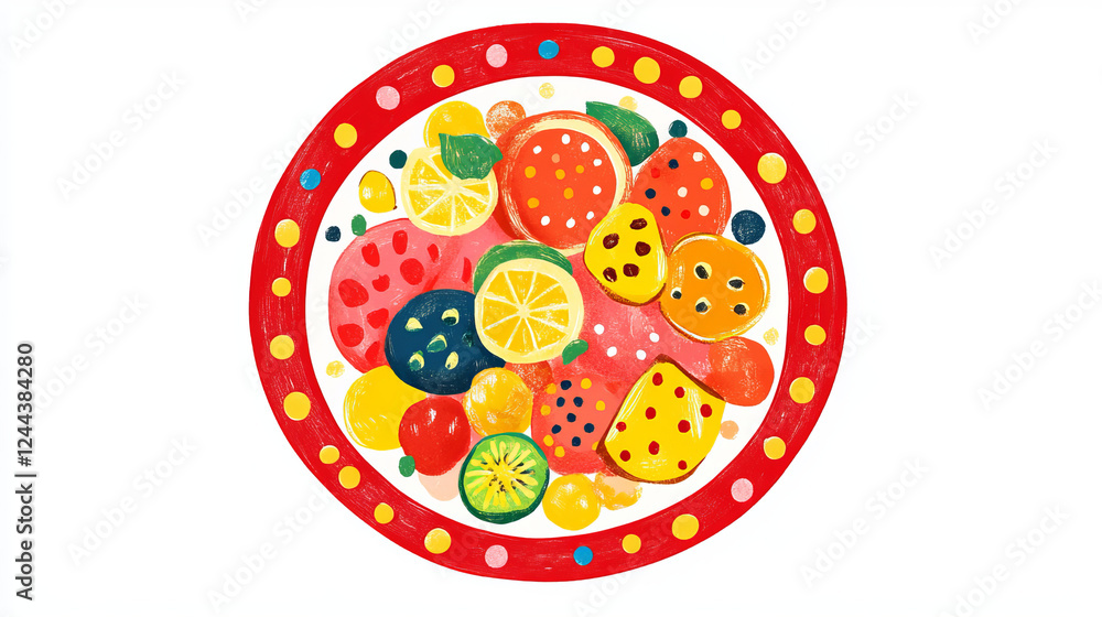 Smiling happy food plate with a colorful red rim with dots, cartoon illustration isolated on white Smiling happy food plate with a colorful red rim with dots, cartoon illustration isolated on white