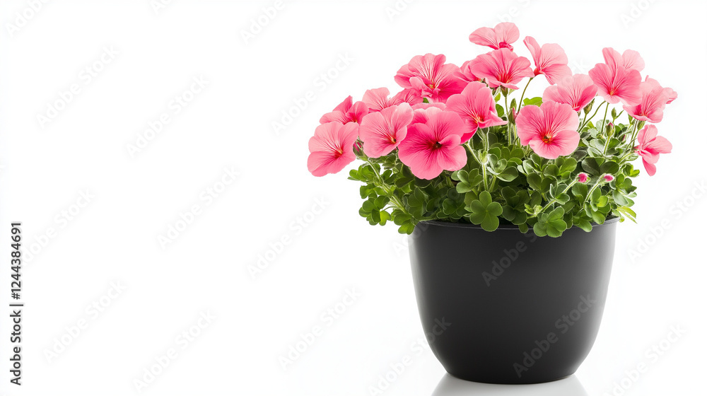 geranium plant in a black pot isolated on white background , pink flowers geranium plant in a black pot isolated on white background , pink flowers