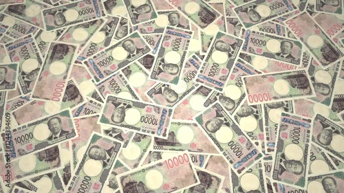 大量の日本の新一万円札にゆっくりズーム