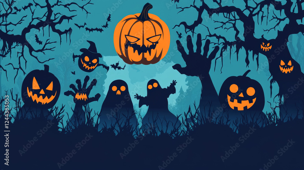 Halloween window silhouettes of ghosts, spooky pumpkin and boo poltergeist for holiday, vector cartoon monsters. Halloween horror night ghosts with scary faces and zombie hand silhouette in window Halloween window silhouettes of ghosts, spooky pumpkin and boo poltergeist for holiday, vector cartoon monsters. Halloween horror night ghosts with scary faces and zombie hand silhouette in window
