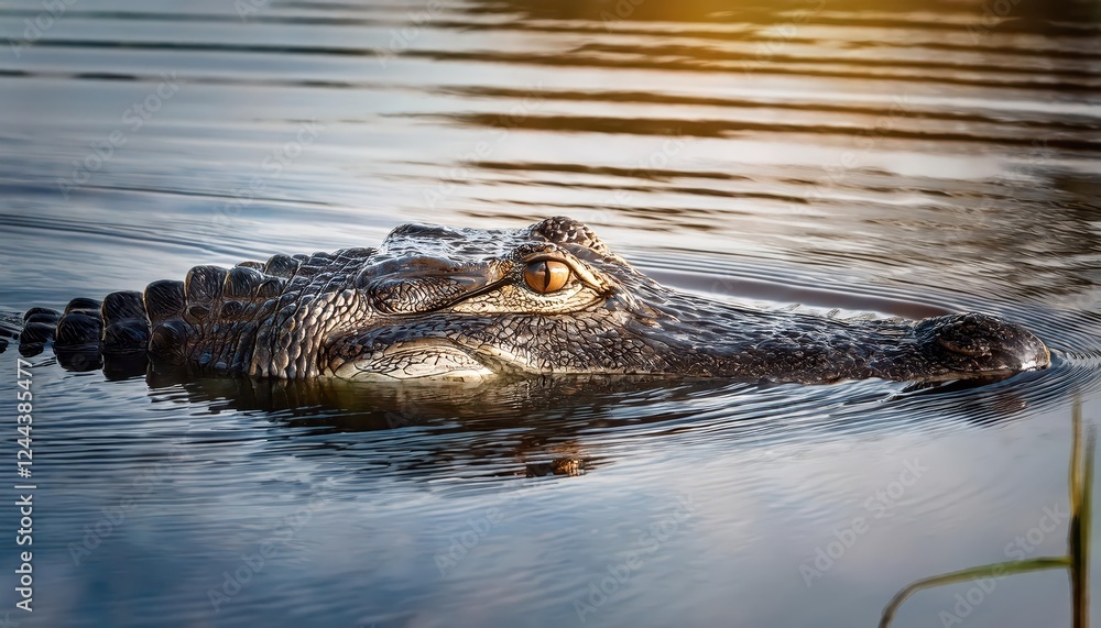 Majestic American Alligator Basking in the Sunlit Swamp Waters, Showcasing a Glimpse of Floridas Enigmatic Wildlife and the Rich Green Flora Surrounding It. Majestic American Alligator Basking in the Sunlit Swamp Waters, Showcasing a Glimpse of Floridas Enigmatic Wildlife and the Rich Green Flora Surrounding It.