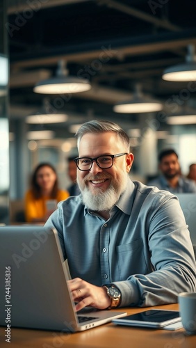 Vertial Video Modern Office Portrait of Successful Middle Aged Bearded Businessman Working on a Lapt photo