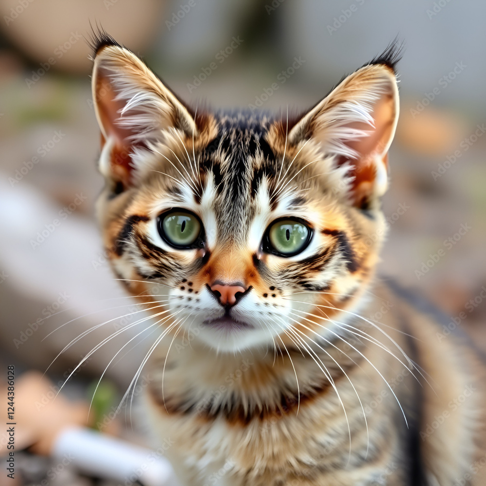 Cute Bengal kitten with striking green eyes looking curiously at the camera Cute Bengal kitten with striking green eyes looking curiously at the camera