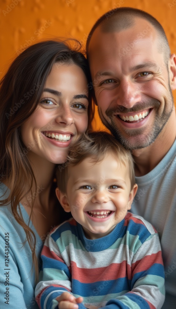 A cheerful family of three, featuring a smiling man, woman, and their young son, radiates happiness against a vibrant orange background. Their warm expressions and close embrace capture the essence of A cheerful family of three, featuring a smiling man, woman, and their young son, radiates happiness against a vibrant orange background. Their warm expressions and close embrace capture the essence of
