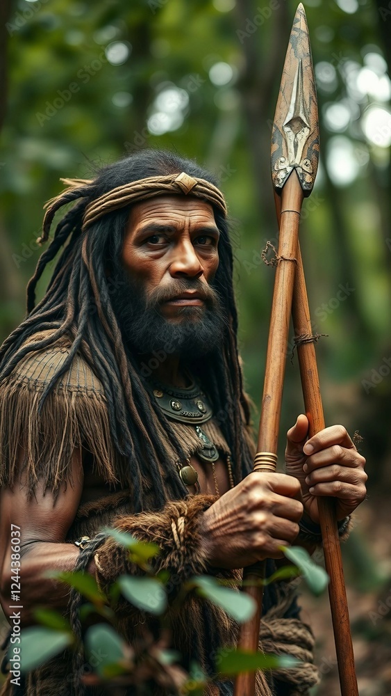 Obraz premium Portrait of Primeval Caveman Wearing Animal Skin and Fur Hunting with Stone Tipped Spear in the Preh
