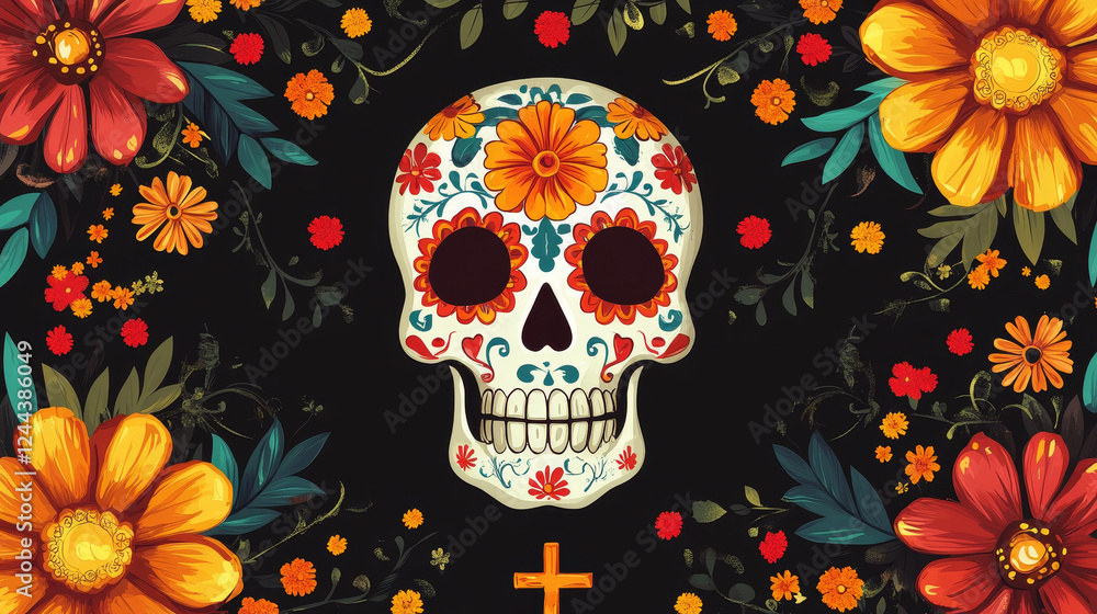 Dia de los Muertos Mexican holiday, Day of Dead celebration party. Vector Dia de los Muertos traditional calavera skull with floral pattern, tomb cross and ritual pie in marigold flowers frame Dia de los Muertos Mexican holiday, Day of Dead celebration party. Vector Dia de los Muertos traditional calavera skull with floral pattern, tomb cross and ritual pie in marigold flowers frame