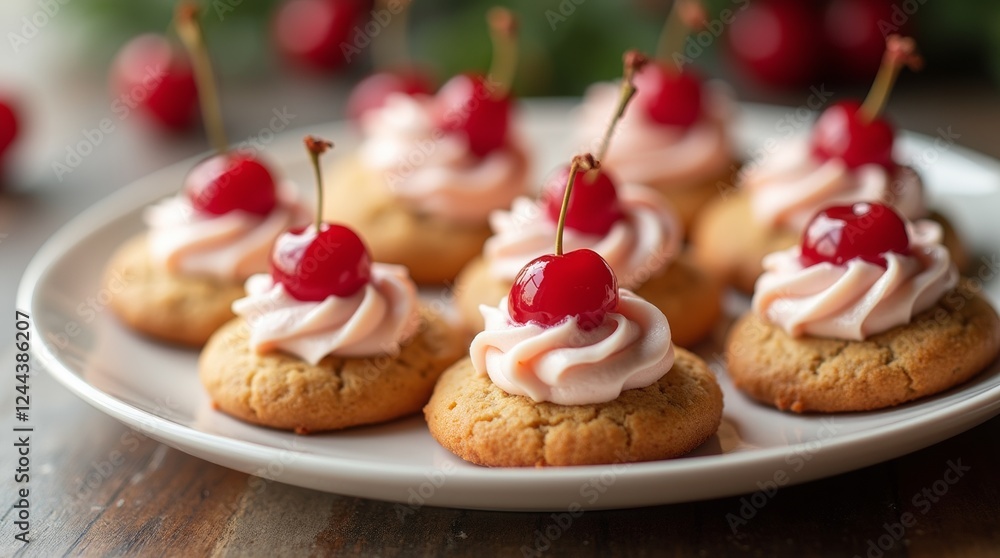 Delicious cherry-topped cookies with creamy frosting on elegant plate Delicious cherry-topped cookies with creamy frosting on elegant plate