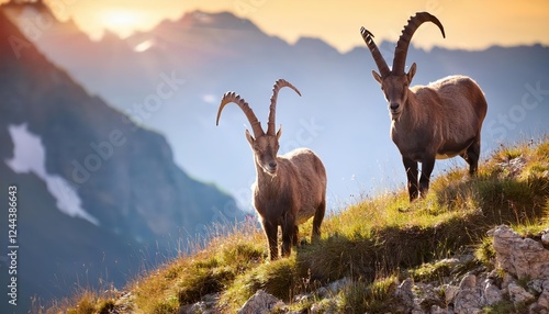 Majestic Alpine Ibex Roaming in SnowCapped Mountain Landscape The Almighty Creature Amidst Winter Wonderland at Twilight photo