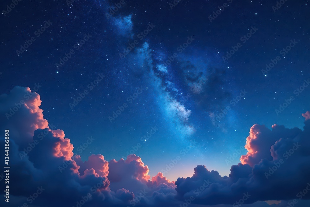 Fototapeta premium Starry night, wispy clouds drift across celestial expanse, ethereal, peaceful