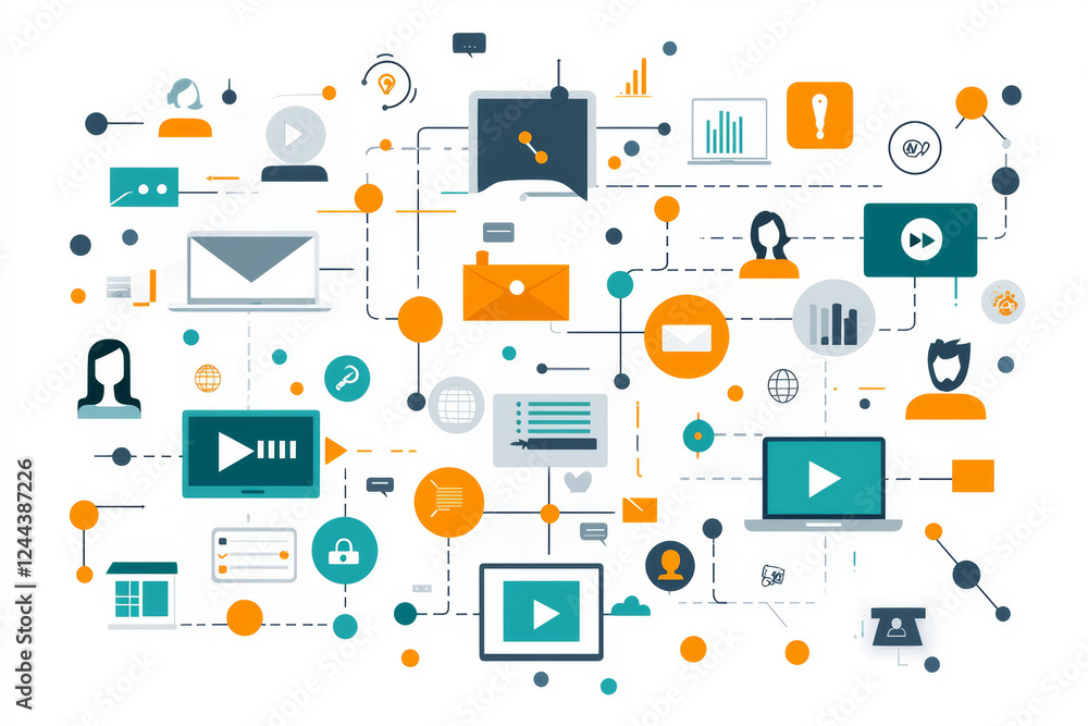 Digital communication network with icons representing various media and interactions, showcasing connectivity and information exchange Digital communication network with icons representing various media and interactions, showcasing connectivity and information exchange