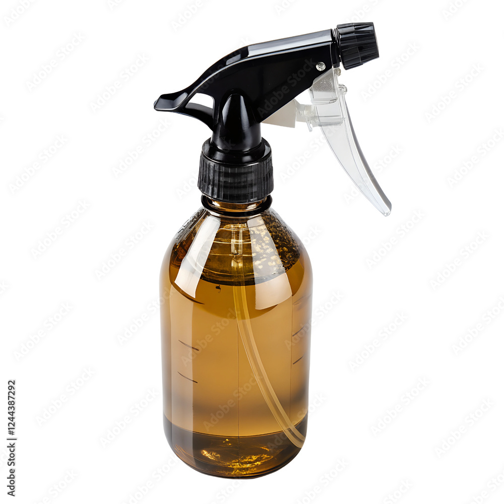 Amber glass spray bottle with a black nozzle. Isolated on a transparent background, PNG. Amber glass spray bottle with a black nozzle. Isolated on a transparent background, PNG.