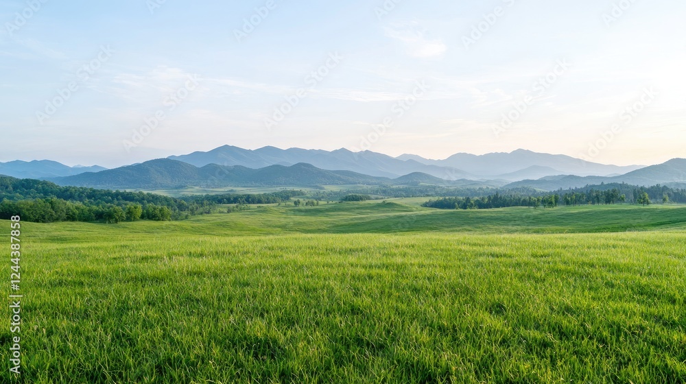 Serene morning meadow, mountains background, peaceful landscape, nature photography Serene morning meadow, mountains background, peaceful landscape, nature photography