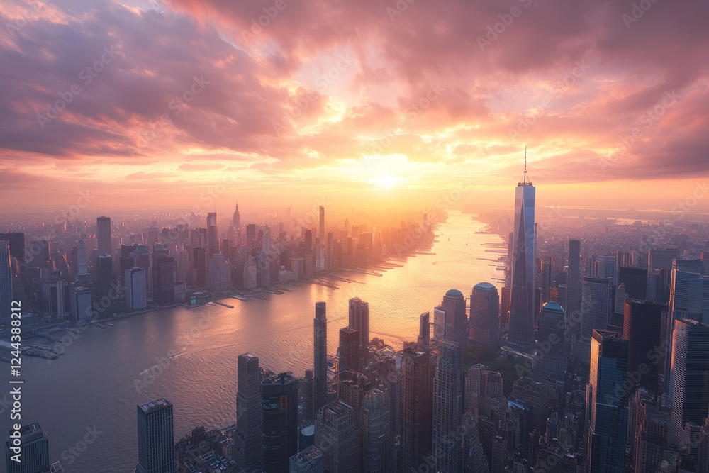 Fototapeta premium Stunning sunset over New York City skyline, showcasing skyscrapers and river. vibrant colors create breathtaking view of urban life