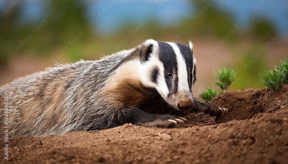 Serene American Badger Basking in DirtCovered Field, Wildlife Photography Capturing the Power and Solitude of Natures Untouched Beauty. Serene American Badger Basking in DirtCovered Field, Wildlife Photography Capturing the Power and Solitude of Natures Untouched Beauty.
