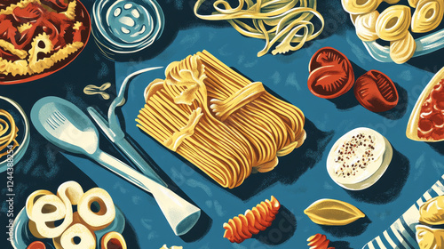 Pasta heart poster. Spaghetti, penne and lasagna, tagliatelli and ravioli, farfalle and pappardelle, vector quadretti and cobetti rigati, konkiloni and tortiglioni, creste, gallo, stelle and filini photo