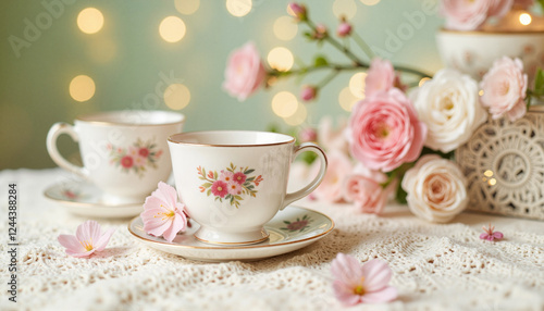 Vintage toy tea set on lace tablecloth, nostalgic elegance