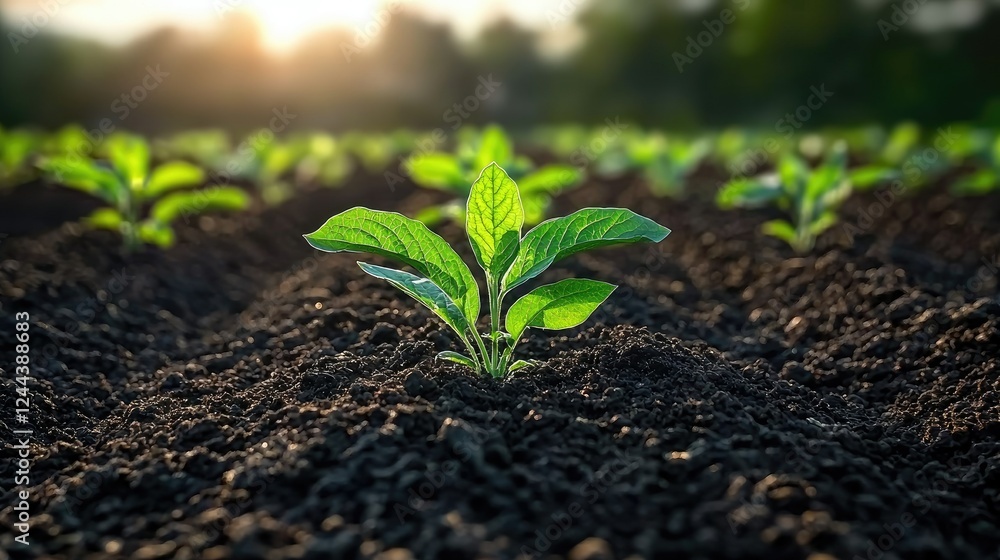 Young Plant Sprouting in Rich Dark Soil at Sunrise Young Plant Sprouting in Rich Dark Soil at Sunrise