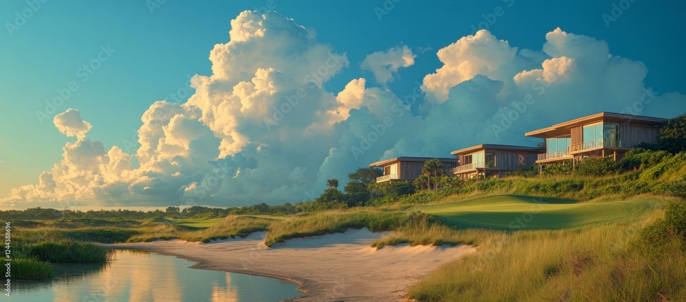 Fototapeta premium A scenic view of a beautiful golf course featuring lush green fairways, water obstacles, and picturesque landscapes