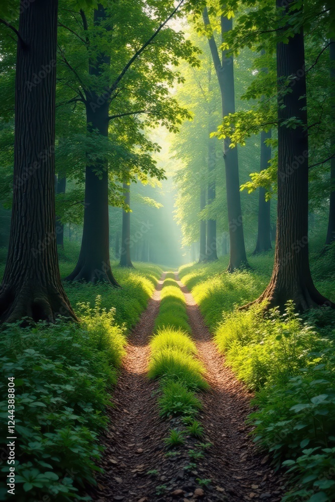 Fototapeta premium Sun-dappled path splits at a rustic forest crossroads , path, branches