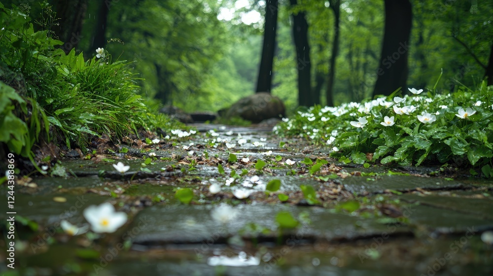 Rainy day path, forest flowers, nature walk Rainy day path, forest flowers, nature walk