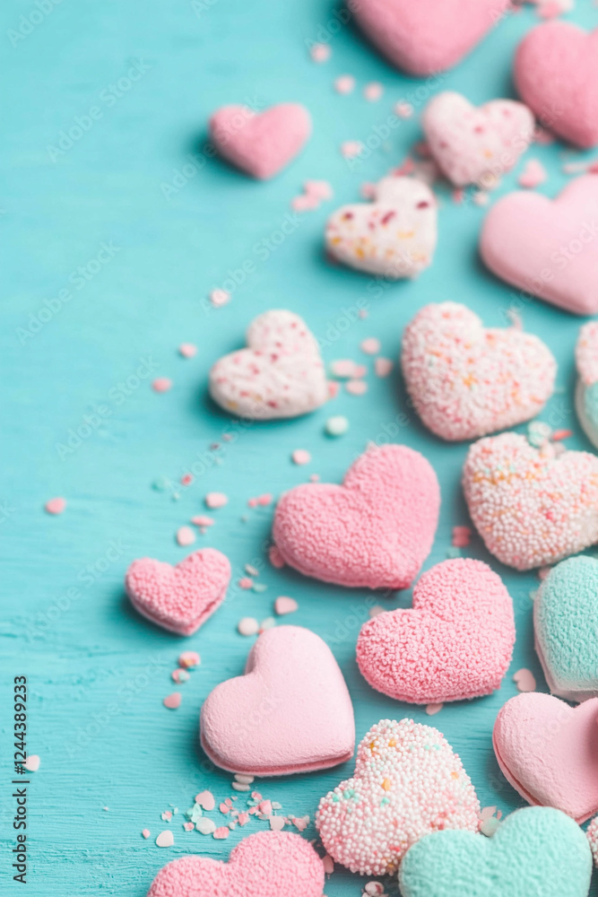 Obraz premium A colorful display of heart-shaped candies in pink, white, and blue, scattered across a teal surface.
