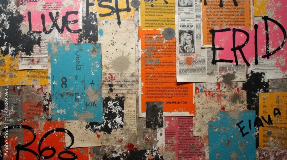 Fototapeta premium colorful grunge background composed of vibrant newspaper and magazine clippings layered with graffiti creating an energetic urbaninspired art piece filled with texture and visual intrigue 