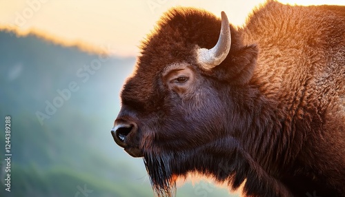 Powerful American Bison in a Majestic Landscape, Showcasing the Grizzled Texture of Its Manely Coat and the Dusty Plains of the Great Prairie. photo