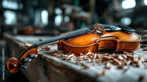 A beautiful violin surrounded by wood shavings captures the essence of craftsmanship, showcasing the artistry involved in creating melodic instruments and the joy of music. photo