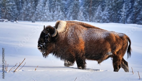 Striking American Bison in Wintery Scene SnowCovered Plains Filled with Majestic Creatures Basking in Frosty Air, A Symbol of North Americas Wild Spirit.