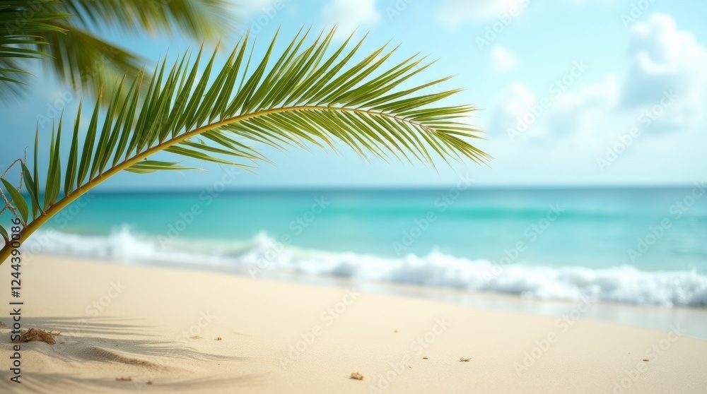 A single palm branch elegantly arching over a sandy beach, with the ocean waves gently lapping in the background A single palm branch elegantly arching over a sandy beach, with the ocean waves gently lapping in the background