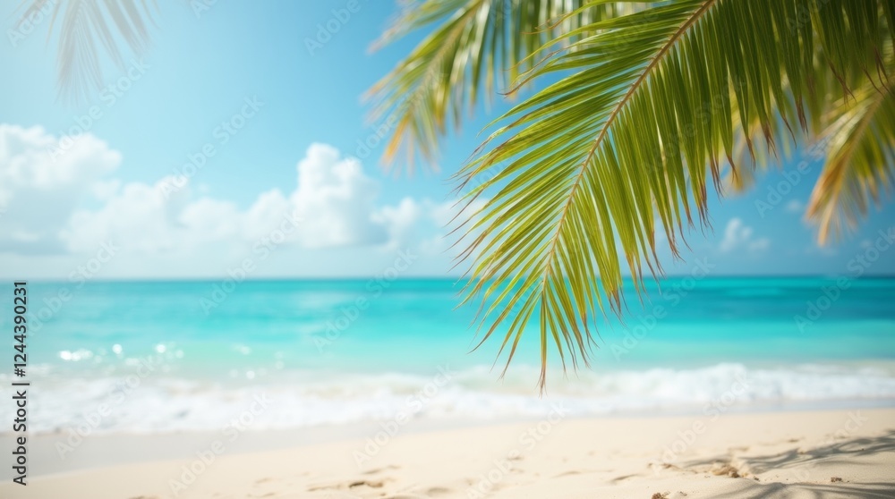 A single palm branch elegantly arching over a sandy beach, with the ocean waves gently lapping in the background A single palm branch elegantly arching over a sandy beach, with the ocean waves gently lapping in the background