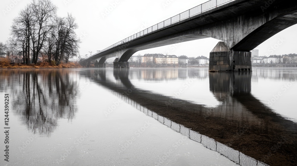 Bridge reflecting on calm river, foggy winter day, buildings in background; travel, landscape Bridge reflecting on calm river, foggy winter day, buildings in background; travel, landscape