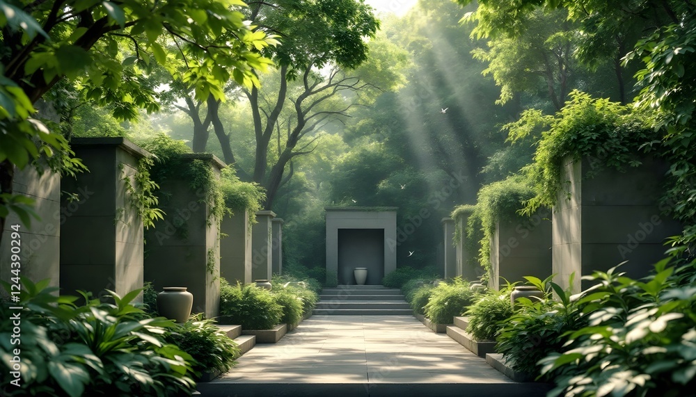 Serene Passage: Sun-dappled Cemetery Path Serene Passage: Sun-dappled Cemetery Path
