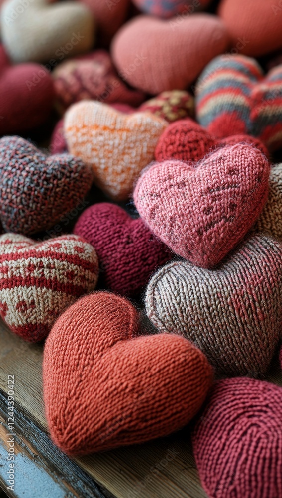 Close-Up of pink and red knitted hearts bathed in soft light, winter scene, Valentine’s Day, love, romance Close-Up of pink and red knitted hearts bathed in soft light, winter scene, Valentine’s Day, love, romance