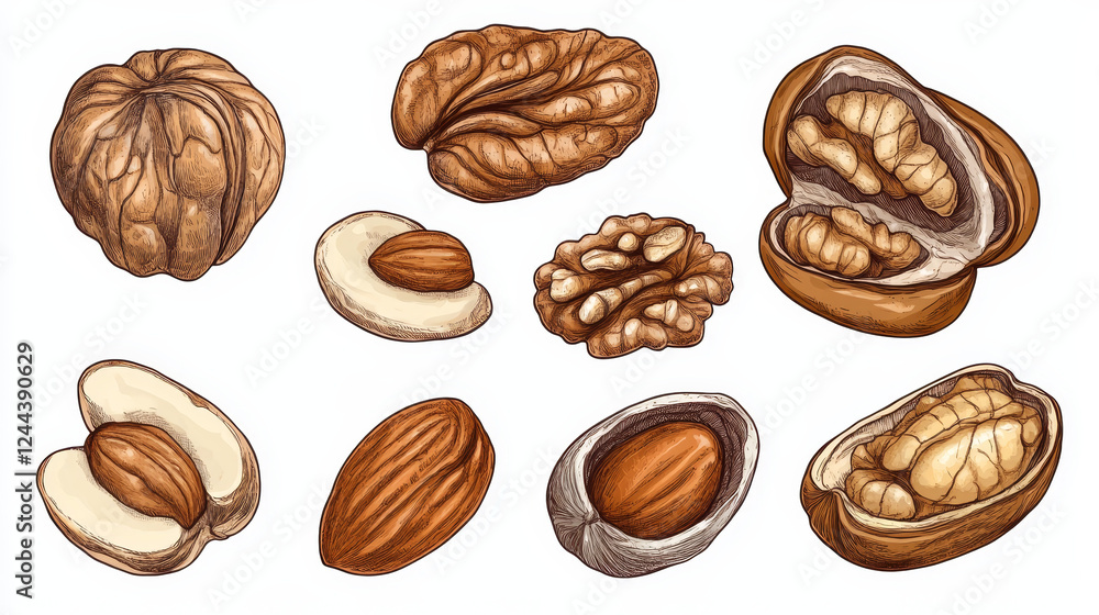 Walnut whole and cut fruit with kernel isolated sketch. Vector natural food snack, nut in nutshell Walnut whole and cut fruit with kernel isolated sketch. Vector natural food snack, nut in nutshell