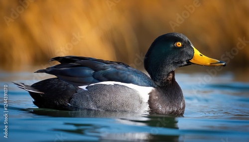 Striking American Black Duck, Anas rubripes, in a Wintery Wetland Scene, Captured against a Frosty Backdrop at Dawn photo