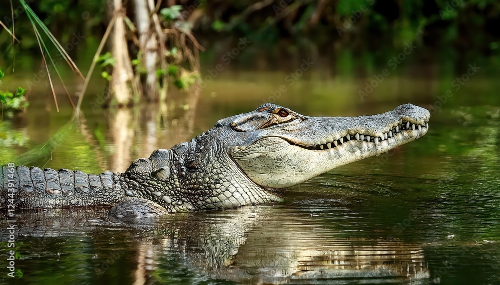 Striking American Crocodile Amidst a Jamaican Swamp at Dusk A Glimpse into the Mystical Wildlife of the Caribbean. Striking American Crocodile Amidst a Jamaican Swamp at Dusk A Glimpse into the Mystical Wildlife of the Caribbean.
