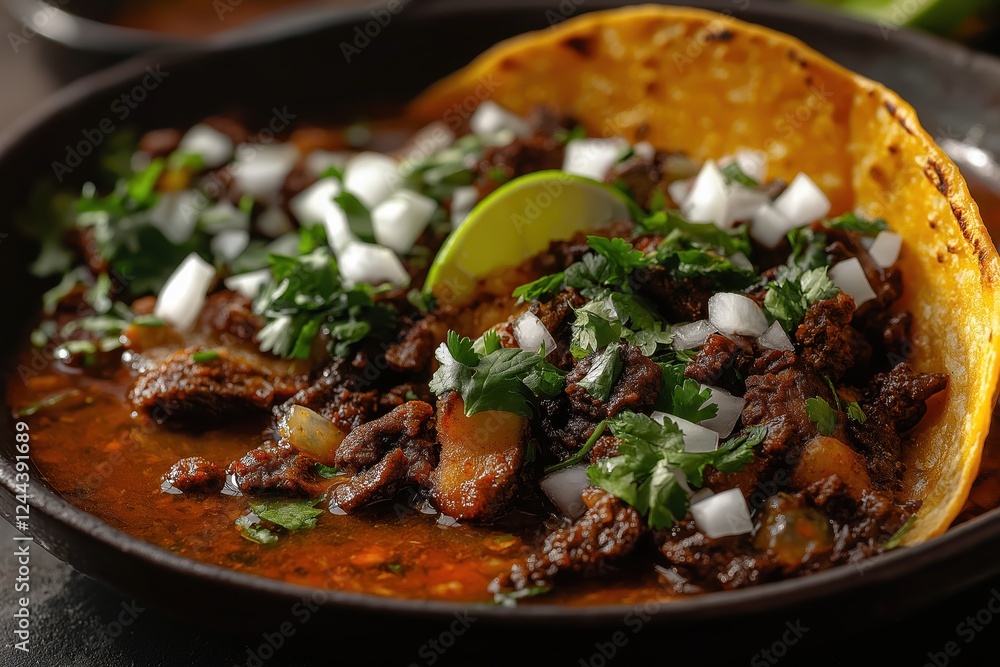 Delicious Birria tacos with tender beef, vibrant garnishes, and rich consomme for dipping
