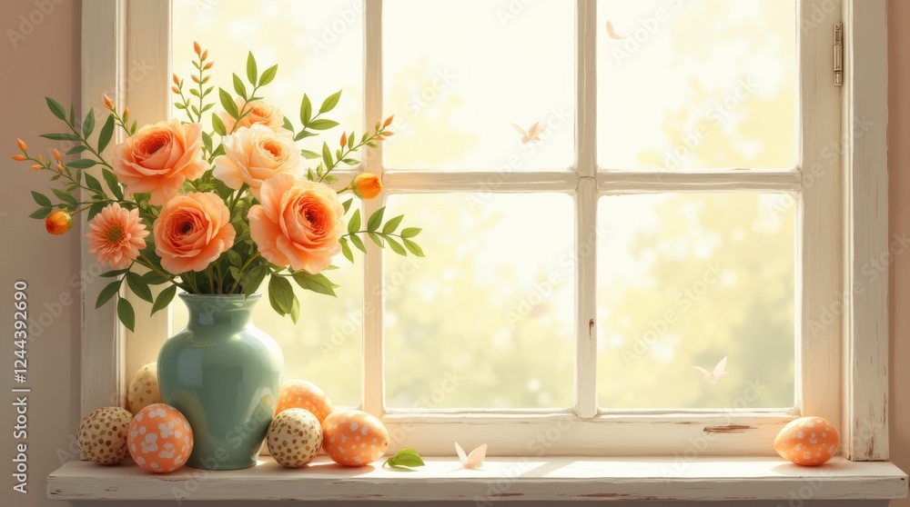 Illustration of Vase with flowers with spotted Easter eggs on windowsill. Illustration of Vase with flowers with spotted Easter eggs on windowsill.
