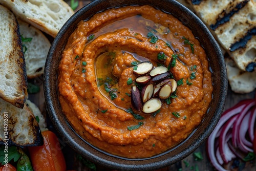 Rustic Romesco sauce with roasted peppers, almonds, and grilled vegetables on wooden table photo