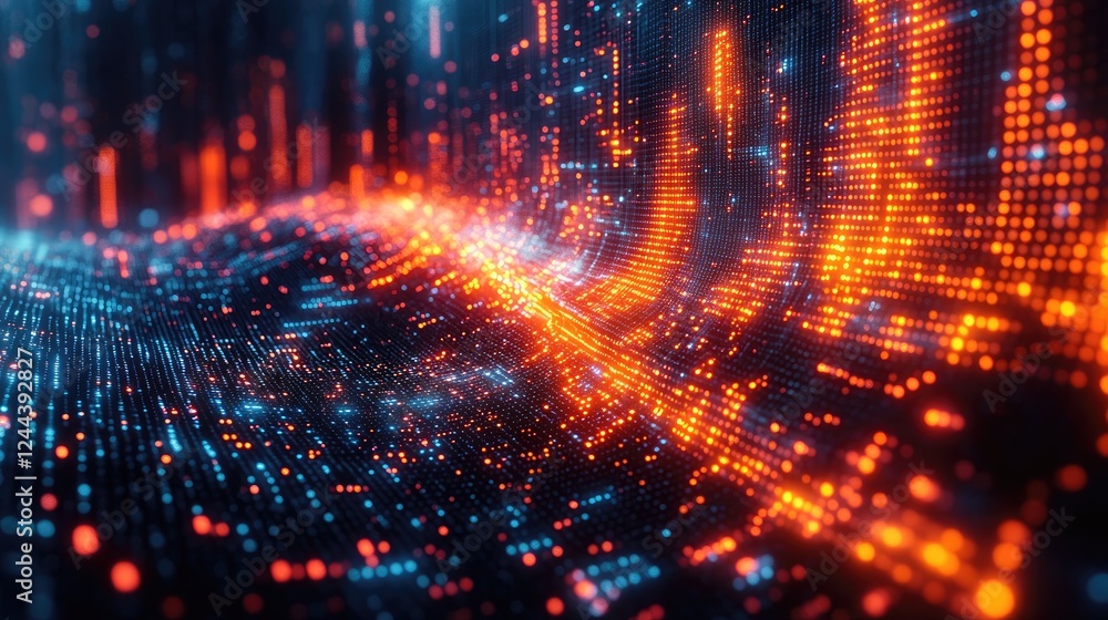A vibrant digital landscape showcasing flowing data streams in blue and orange hues. A vibrant digital landscape showcasing flowing data streams in blue and orange hues.