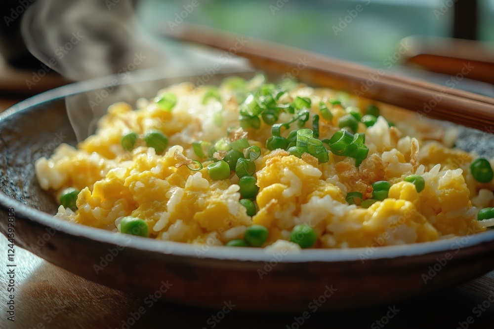 Golden egg fried rice with scrambled eggs, peas, and crispy garlic served with chopsticks Golden egg fried rice with scrambled eggs, peas, and crispy garlic served with chopsticks